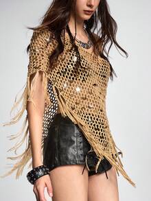 ROMWE Avant Vacation Style Brown Sequin Fringe Crochet Shawl Top - Brown - View 8
