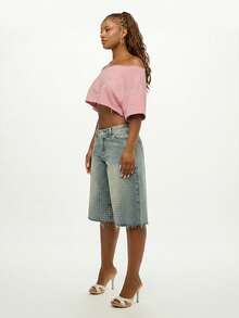 SUMWON WOMEN Rhinestone Logo Off Shoulder Cropped Sweatshirt Raw Hem Casual Pink Top Women Spring Fashion - Baby Pink - View 4