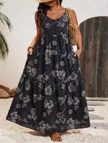 SHEIN VCAY Đầm không tay màu xám họa tiết vintage phong cách Bohemian mùa xuân/hè mới, chân váy dài xòe rộng phối nhiều mảnh vải, kiểu dáng retro phù hợp cho công sở và kỳ nghỉ, ôm dáng đến mắt cá chân. - Màu xám đen - Xem 1