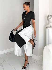 Siren Gaze Elegant Black And White Color-Blocked V-Neck Short-Sleeved Midi Dress For Women,Summer Party Night Fitted Silhouette With Metal Button Embellishment - Black and White - View 1