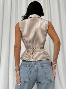 Firerie Women's New Apricot Striped Sleeveless Lapel Cardigan Blouse, Summer Apricot Striped Shirt, Lapel Shirt, Casual Commuter Women's Top, V-Neck Shirt, A-Line Waist Shirt Blouse, Casual Holiday Women's Top, Minimalist Striped Top, Teacher's Day Outfit, Spring Summer Autumn Clothing, Elegant, Commuter, Casual, Daily, Minimalist, Holiday, Work Outfit Vest Blouse Women Sleeveless Collared Top Striped Top Women Button Up Top Women - Multicolor - View 3