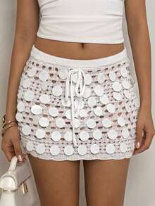 SHEIN Allurite Women's Summer Vacation Handmade Beaded Hollow-Out Knitted Skirt - White - View 1