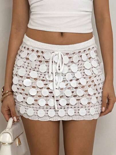 SHEIN Allurite Women's Summer Vacation Handmade Beaded Hollow-Out Knitted Skirt
