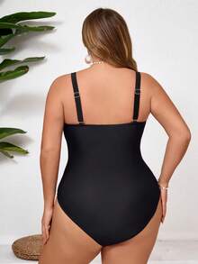 SHEIN CURVE+ 大码女士连体泳衣，夏季度假印花泳装 - 黑色 - 查看 2