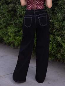 Andrea Bello 女士时尚休闲不对称腰带宽松牛仔裤 - 黑色 - 查看 2