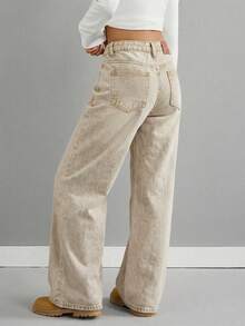 SHEIN Quần jean ống rộng cạp thấp màu xanh dương kiểu retro dành cho bé gái - Màu Khaki - Xem 2