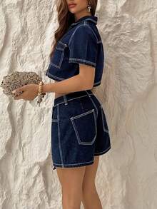 TRNVIE Women's Collared Short Sleeve Cropped Top And Asymmetric Hem Denim Skirt Suit - Blue - View 2