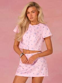 Athîral Women's Elegant Ditsy Floral Shirt And Skirt 2 Pieces Set, Summer - Pink - View 4