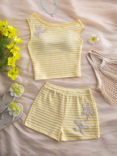 Teen Girl Vacation Casual Striped Starfish Decor Asymmetric Neck T-Shirt And Shorts Set