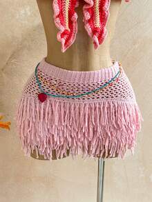 Soleia Women's Vacation Casual Loose Knit Fringe Sweater And Mini Skirt Set, Suitable For Beach, Cruise, Road Trip, Holiday, Date, Afternoon Tea, Music Festival, Boho, Summer, All Season, Daily Commute - Pink - View 4