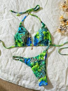 Elavelle Spring Break Women's Random Print Halter Metal Decor Sexy Bikini Swimwear Set, Summer Beachwear Outfits - Multicolor - View 4