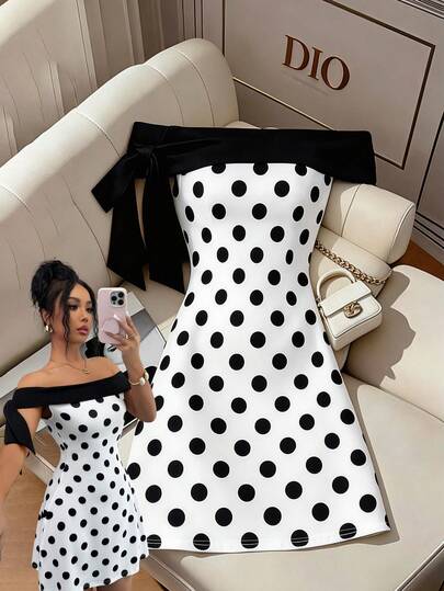 GlowEve 女士优雅露肩波点复古腰带蝴蝶结领派对鸡尾酒连衣裙，适合通勤、日常穿着、聚会、婚礼、春夏穿着