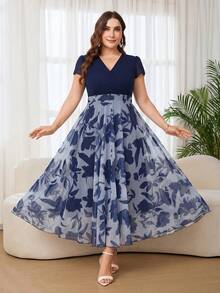Reflora 大码女士优雅印花连衣裙，夏季婚礼宾客礼服 - 藏蓝色 - 查看 9