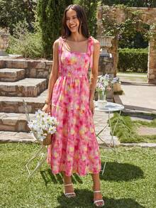 KARISMINA Đầm midi hai dây in hoa thanh lịch, lãng mạn, thích hợp cho kỳ nghỉ hè, dành cho nữ, phong cách thường ngày, thích hợp cho mùa xuân/hè. - Hồng - Xem 6