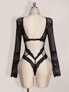 SHEIN ICON 女士时尚性感蕾丝拼接透视网纱连体衣 - 黑色 - 查看 2