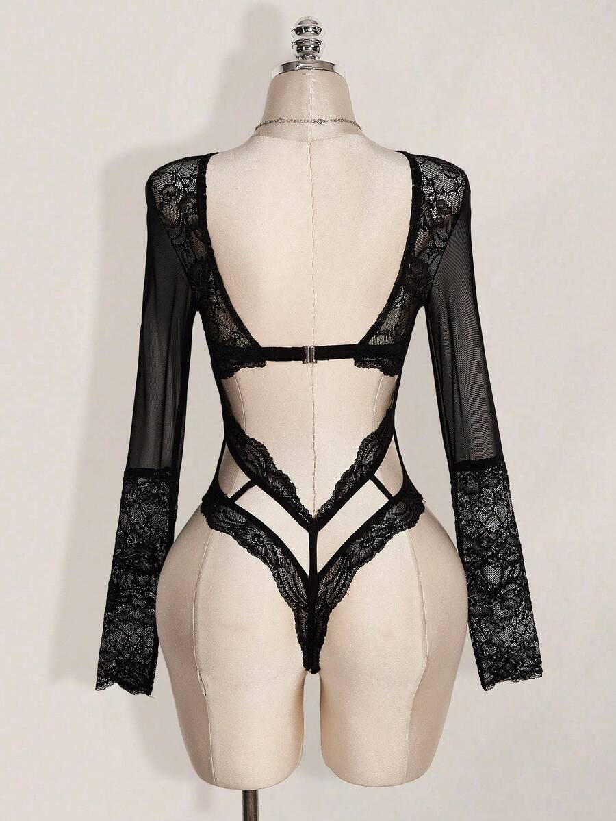 SHEIN ICON 女士时尚性感蕾丝拼接透视网纱连体衣 - 黑色 - 查看 1