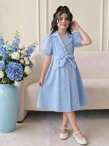 SHEIN Tween Girl Spring/Summer Collared Button-Up Long Cardigan Dress With Pearl Decor Sash - Blue - View 3