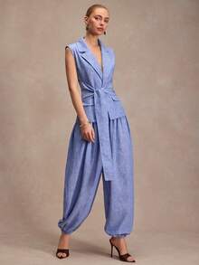 CLARA VERO Bộ áo vest cổ ve có thắt lưng và quần ống phồng, dáng rộng, phù hợp cho trang phục thường ngày cuối tuần, du lịch hoặc phong cách đường phố, làm từ vải không co giãn kiểu linen 100% polyester, quần áo linen cho nữ, giảm giá, trang phục kỳ nghỉ Zante, bộ đồ Yrack cho nữ, Zanea cho nữ tập yoga - Màu xanh lam - Xem 3