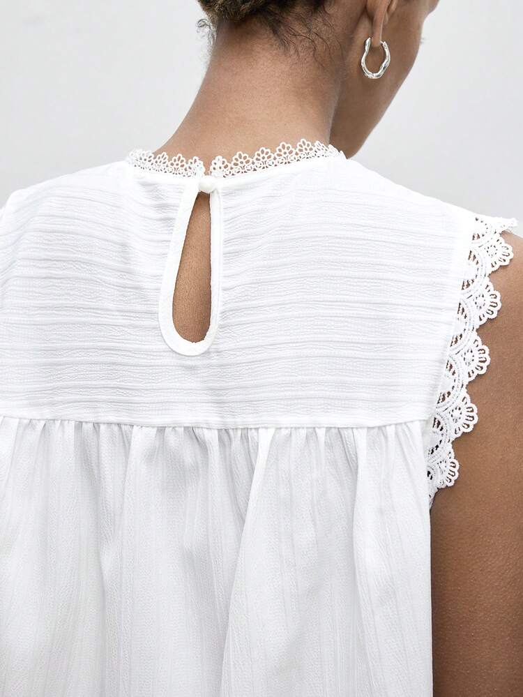 SHEIN Maija Regata Feminina de Cor Sólida com Renda Contrastante e Decote Redondo
