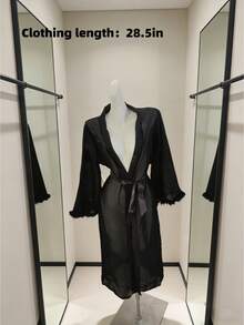 Women'S Sexy Summer Long Sleeve Robe - Deep V-Neck With Tie Waist, Long Flowy Design For Home & Casual Wear, Comfortable Clothing | Deep Vneck Robe - Black - View 5