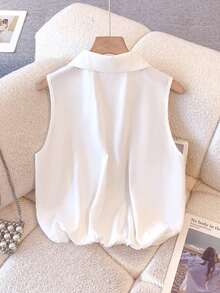 Franclia 优雅时尚白色翻领前拉链修身弹力衬衫，女士春夏白色休闲衬衫，适合夏季度假穿着 - 白色 - 查看 2