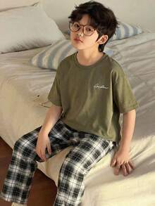 SHEIN Teen Boy Letter Print Short Sleeve Top & Plaid Pants Set - Multicolor - View 2