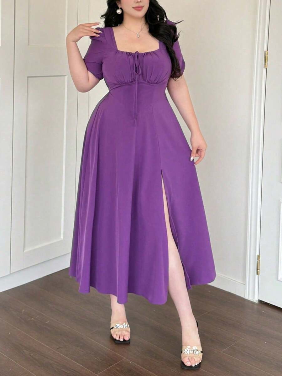 Vibekara Đầm mùa hè cỡ lớn màu tím tay ngắn kiểu Pháp cổ điển cổ vuông, eo thắt, tay cánh hoa, màu trơn, xẻ tà cao, gợi cảm, thích hợp cho kỳ nghỉ. - Màu tím - Xem 1