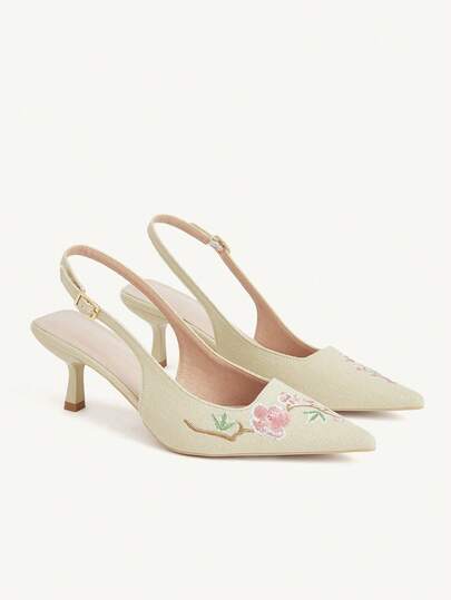 CUCCOO CHICEST 25 Spring/Summer New Design Pointed Toe Floral Print Wine Glass Heel Mid-Heel Romantic New Chinese Style Apricot Color Peep Toe High Heels, Formal Dress Shoes For Date, Afternoon Tea, Party, Valentine's Day, Elegant Outfit