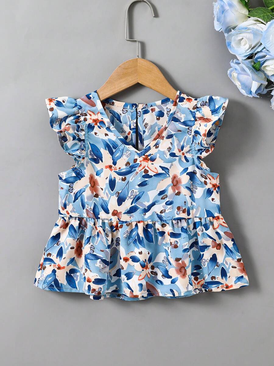 Young Girl V-Neck Ruched All-Over Print Casual Daily Wear Flare Sleeve T-Shirt Blouses For Girls Blouse For Kids Young Girl Clothes Kids Summer Tops - Blue - View 1