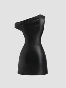 Sweetra Spring/Summer New Asymmetrical Shoulder Dress, Special Fabric Waist-Cinching Slim-Fit Mini Dress, Suitable For Party Wear - Black - View 2