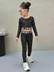 SHEIN 2pcs/Set Young Girl Letter Print Knit Crop Top And Matching Legging Outfit,Girls Sport Active Wear Set,Long Sleeve Spandex Rhinestone Set For Autumn - Black - View 3