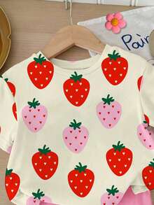 2pcs/Set Baby Girl Casual Sweet Summer Strawberry Fruit Print T-Shirt And Leggings Set, Suitable For Daily Wear, Vacation, Outings, Y2K Style, Cute - Multicolor - View 5