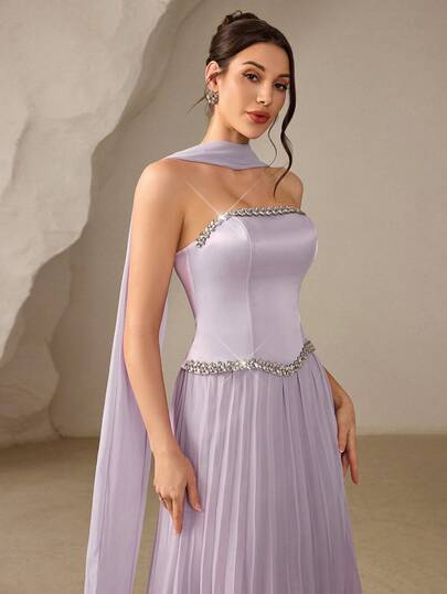 Coutiva Women's Strapless Rhinestone Decor Ribbon Design Fashion Banquet Dress