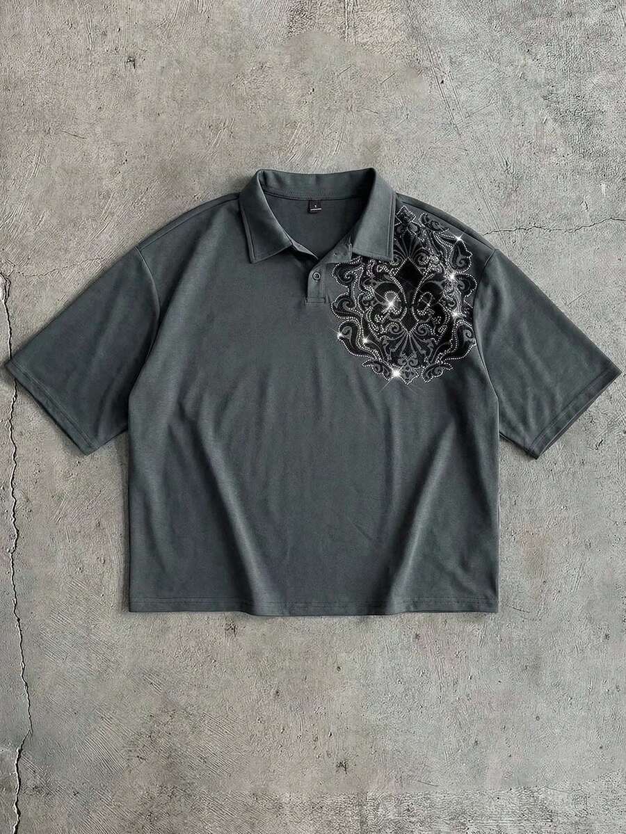 AXEPEAK Kemeja Polo Lengan Pendek Pria dengan Hiasan Payet - Dark Grey - View 1