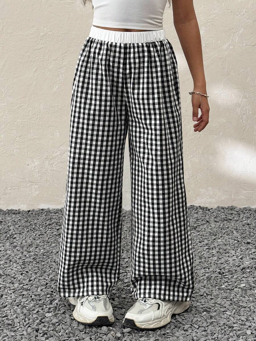 Tween Girl Spring And Summer, Streetwear, Black And White Plaid Baggy Straight Pants,Back To School, Homecoming,Back To School, Checkered Pants, Black And White Wide Leg Pants, Girl Wide Leg Pants,Ummer Holiday - Black and White - View 1