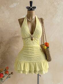 Soleia Đầm dự tiệc cưới phong cách miền Tây, dự lễ tốt nghiệp, tiệc brunch, ngày lễ Thánh Patrick, kỳ nghỉ xuân, lễ Phục sinh, lễ hội âm nhạc, thanh lịch, phong cách Boho, nhiệt đới, hở lưng, lãng mạn, dự tiệc Valentine, đầm ngắn xếp ly cho nữ. - Vàng nhạt - Xem 1