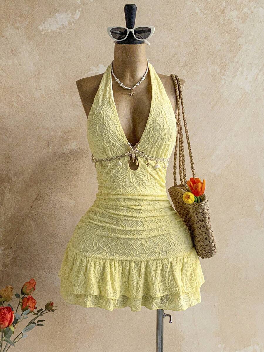 Soleia 春夏新款休闲度假西部海滩婚礼宾客着装毕业早午餐圣帕特里克节春假复活节音乐节优雅波西米亚热带露背浪漫约会情人节派对荷叶边迷你连衣裙 - 淡黃色 - 查看 1