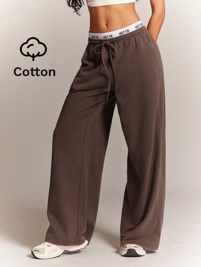 Radiana Women's Casual Loose Letter Waistband Low-Waist Sweatpants, Vintage Washed Brown Loose Low-Waist Wide-Leg Pants, Oversized American Street Style Wide-Leg Sweatpants, Comfortable Loose Casual Pants, Low-Waist Wide-Leg Pants, Low-Waist Sweatpants, Low-Waist Long Pants, Loose Fit Long Pants, West Coast Style Loose Fit Long Pants