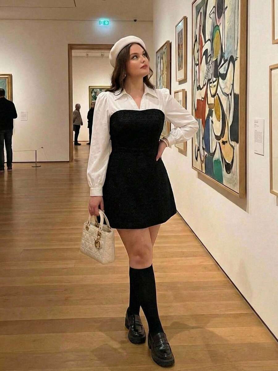 SHEIN MOD Vestido de negocios casual elegante de talla grande con bloqueo de color y empalme - Blanco y Negro - Ver 1