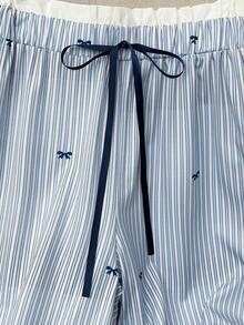 GlowEve Women's Casual Wide Leg Printed Striped Bow Tie Long Pants - Blue and White - View 5