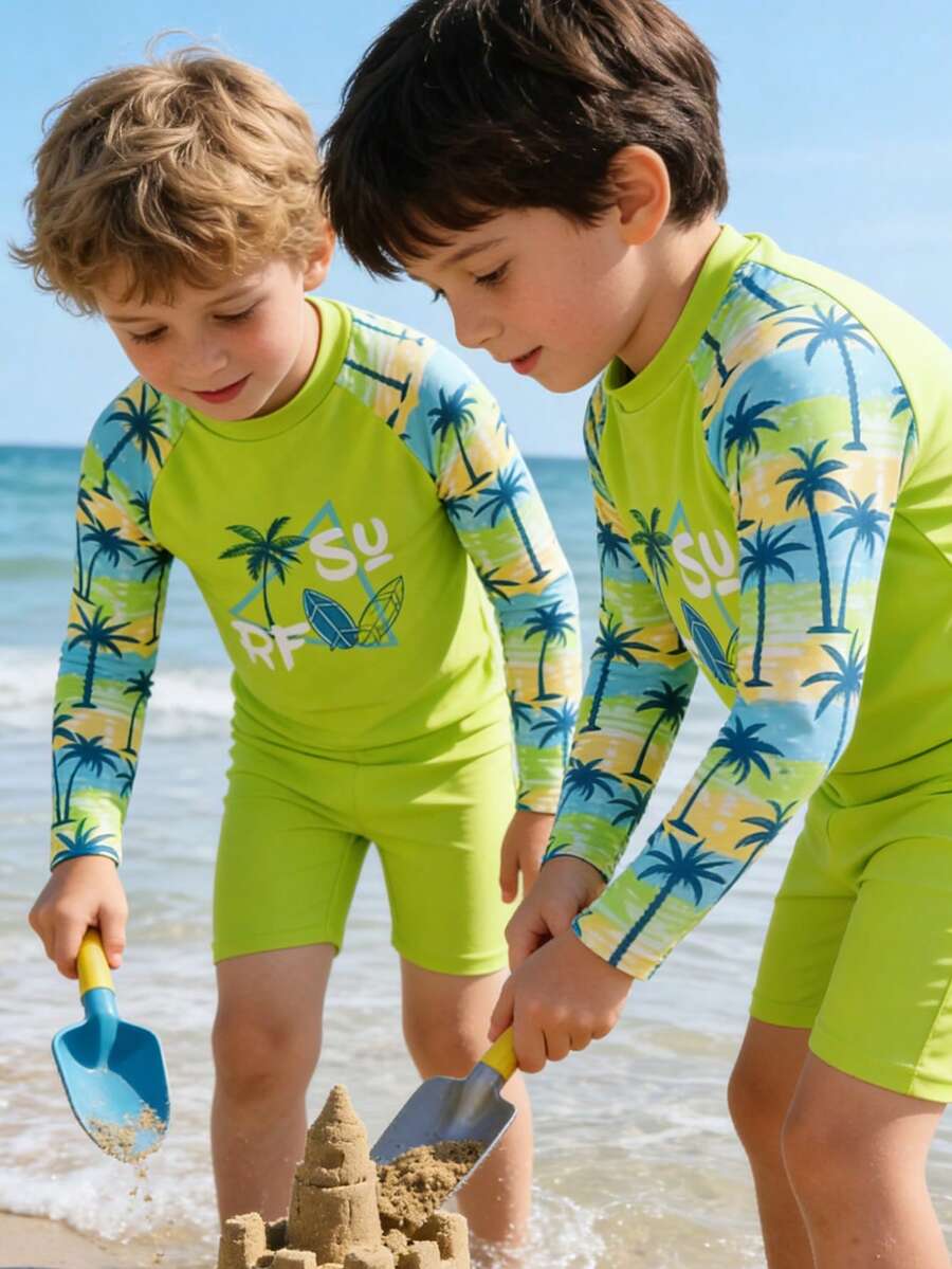 SHEIN Young Boy Palm Tree Letter Print Raglan Sleeve Swimsuit Set