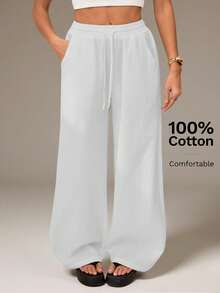 SHEIN Tall Women's Summer Country Concert Going Out Beach Outfits Boho Basic Minimalist Washed 100%Cotton White Pants Curved Hem Pants Wide Leg Sweatpants White Beach Pants White Sweat Pants White Wide Leg Pants Women White Linen Pants Women - White - View 6