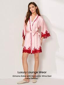 LUVLETTE 新娘奢华粉色缎面和服睡袍 - 优雅系腰睡裙，饰以红色蕾丝细节，新娘休闲服 - 粉色 - 查看 6