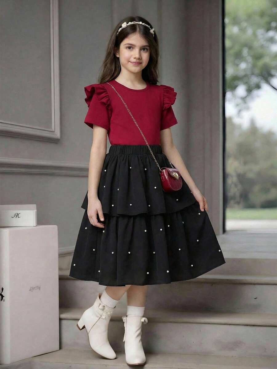 SHEIN 2pcs/Set Girls Casual Flutter Sleeve Round Neck T-Shirt Top And Beaded Hem Skirt, Suitable For Spring/Summer Travel, Beach, Vacation - Red - View 1