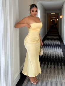 Maria Perezxox 性感简约纯色黄色奶油色露肩褶饰修身露背连衣裙，适合派对、鸡尾酒会、正式场合、伴娘、生日、黄色缎面长裙、圣诞节、宴会、商务休闲 - 黃色 - 查看 4