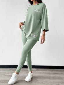 Mulvari 2pcs Women Letter Print Long Sleeve Top And Skinny Leggings Set - Green - View 7
