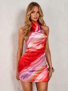 SHEIN Glamour Pink And Red Gradient Halter Neck Sleeveless Dress,70s Summer Satin Silky Fitted Mini With Waist Ruching,Night Out Party Beach Vacation Outfit,Women's - Orange - View 1