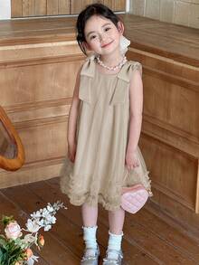 Dazy Kids Đầm lưới không tay màu trơn thanh lịch cho bé gái, trang phục dự tiệc - Màu be - Xem 4