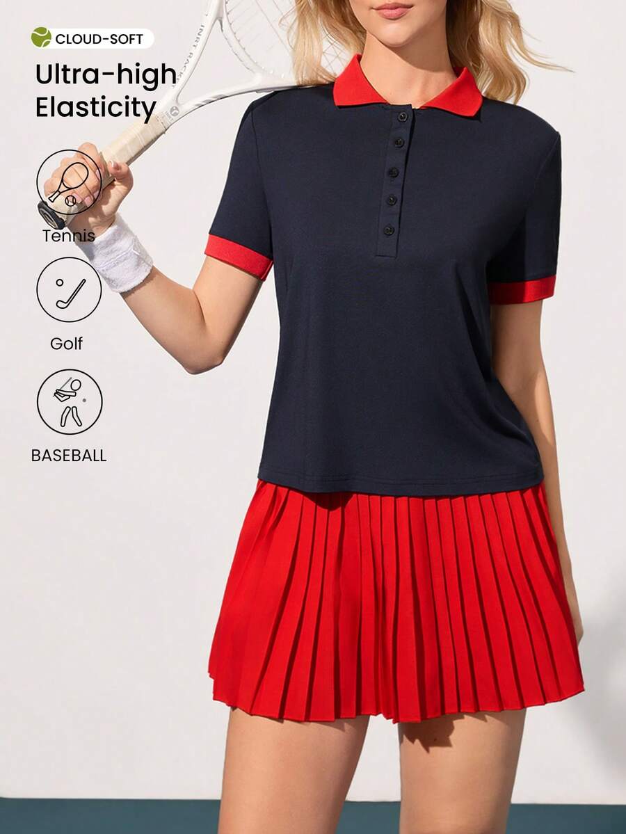 CourtClass Women's Contrast Trim Half-Zip Short Sleeve Tennis Top Women's Polo Dark Blue Polo Tennis Outfit Women's Polo - Navy Blue - View 1