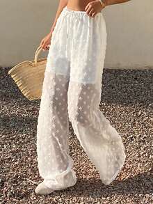 Livesso Women's Drawstring Waist Wide Leg Loose Casual Pants - White - View 3